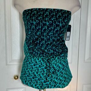 Marc Jacobs Bandeau Halter Black and Teal Leopard Pattern Swimsuit Tie Waist